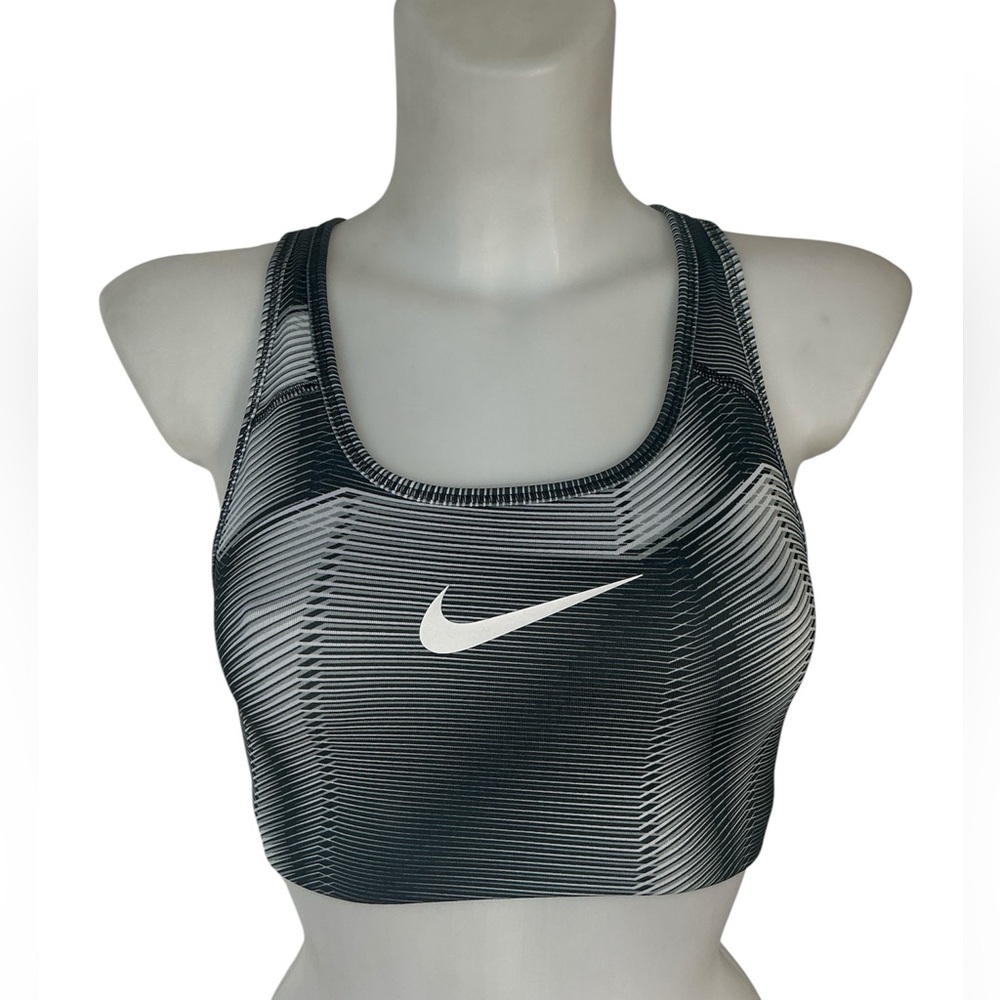 Nike Dri-Fit Black White Graphic Razor Back Swoosh Sports Bra Size Small